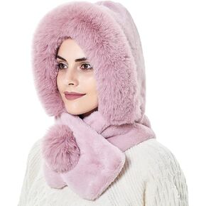 Women One Piece Slouchy Fleece Beanie Hats Scarf Mask Hooded Balaclava Warm Winter Windproof Ski Skull Cap with Drawstring