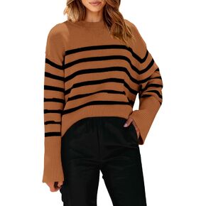 PRETTYGARDEN Women's 2023 Fall Striped Sweater Oversized Long Sleeve Crew Neck Side Slit Casual Trendy Knit Pullover Sweaters