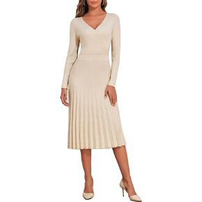 kayamiya Women's V Neck Wrap Sweater Dress Long Sleeve Ribbed Knit Pleated Swing A Line Midi Dresses