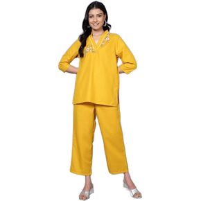 Bani Women 2 Piece Summer Outfits, Co-ord Set with Pant & Tunic Top, Embroidered V Neck, 3/4 Sleeves Indian Co-ord Set