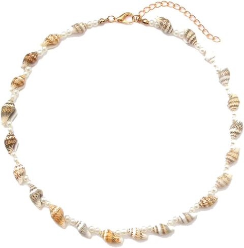 Natural Seashell Shell Scallop Conch Pendant Necklace Boho Braided Rattan Shell Pendant 18K Real Gold Plated Handmade Wovening Jewelry Beach Ocean Jewelry Gift for Halloween Costume Women Girls in Saudi Arabia
