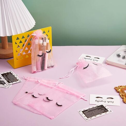 100 Pcs Eyelash Aftercare Bags Eye Lash Print Makeup Bags Empty Beauty Gift Bags Women Drawstring Cosmetic Bag Organza Bags Pouch for Girls Makeup Jewelry Supplies (Pink Plus Black, 7 x 5 Inch) in Saudi Arabia