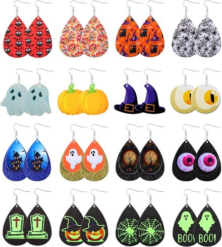 Honsny 9-16 زوجًا من أقراط الهالوين للنساء قطرة الماء من جلد اليقطين العنكبوت أقراط خفيفة الوزن مخصصة مضيئة من الجلد الصناعي in Kuwait