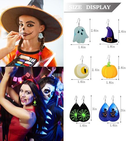 Honsny 9-16 زوجًا من أقراط الهالوين للنساء قطرة الماء من جلد اليقطين العنكبوت أقراط خفيفة الوزن مخصصة مضيئة من الجلد الصناعي in Kuwait