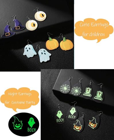 Honsny 9-16 زوجًا من أقراط الهالوين للنساء قطرة الماء من جلد اليقطين العنكبوت أقراط خفيفة الوزن مخصصة مضيئة من الجلد الصناعي in Kuwait