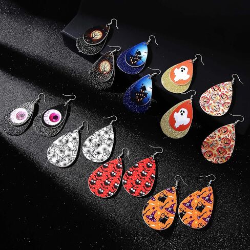 Honsny 9-16 زوجًا من أقراط الهالوين للنساء قطرة الماء من جلد اليقطين العنكبوت أقراط خفيفة الوزن مخصصة مضيئة من الجلد الصناعي in Kuwait