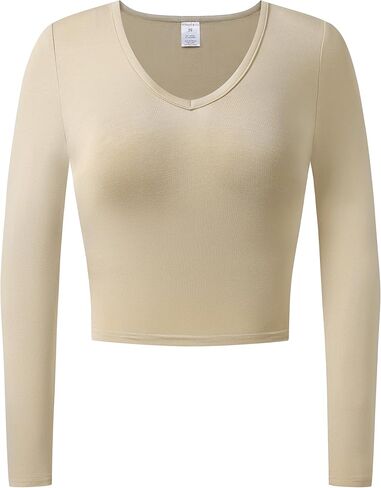 OThread & Co. Women's Long Sleeve V-Neck Crop Top Basic Comfy Stretch Tee in Kuwait