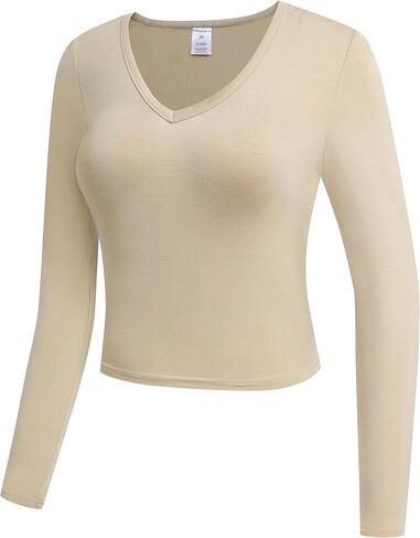 OThread & Co. Women's Long Sleeve V-Neck Crop Top Basic Comfy Stretch Tee in Kuwait