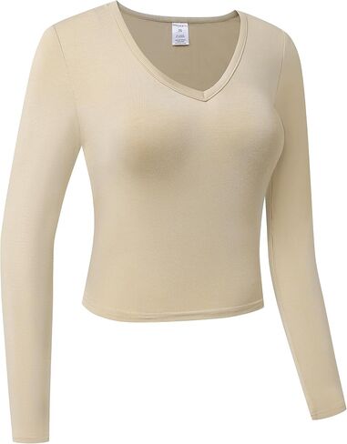 OThread & Co. Women's Long Sleeve V-Neck Crop Top Basic Comfy Stretch Tee in Kuwait