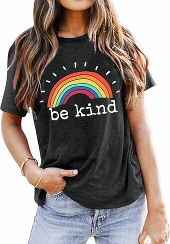 تي شيرت نسائي مطبوع عليه رسومات قوس قزح من Be Kind، تي شيرت علوي مضحك ملهم، قمصان علوية بأكمام قصيرة غير رسمية in Kuwait