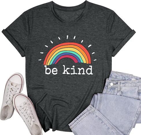 تي شيرت نسائي مطبوع عليه رسومات قوس قزح من Be Kind، تي شيرت علوي مضحك ملهم، قمصان علوية بأكمام قصيرة غير رسمية in Kuwait