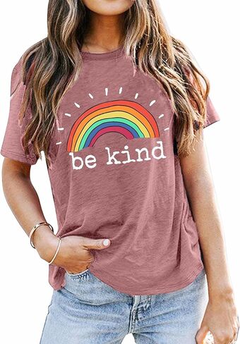 تي شيرت نسائي مطبوع عليه رسومات قوس قزح من Be Kind، تي شيرت علوي مضحك ملهم، قمصان علوية بأكمام قصيرة غير رسمية in Kuwait
