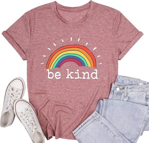 تي شيرت نسائي مطبوع عليه رسومات قوس قزح من Be Kind، تي شيرت علوي مضحك ملهم، قمصان علوية بأكمام قصيرة غير رسمية in Kuwait