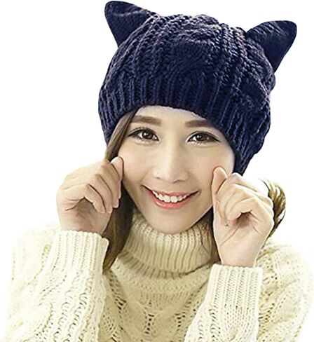 Amberetech Cute Woollike Knitted CAT Kitty Ears Women Lady Girl Headgear Crochet Hats (deep Blue) in Kuwait