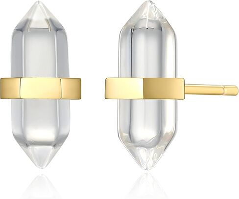MORGAN & PAIGE Healing Crystal Quartz Stud Earrings for Women - 18K Yellow Gold Plated Sterling Silver Chakra Point for Teens, Hexagonal Points Stone in Kuwait