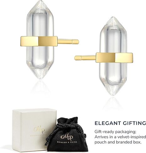 MORGAN & PAIGE Healing Crystal Quartz Stud Earrings for Women - 18K Yellow Gold Plated Sterling Silver Chakra Point for Teens, Hexagonal Points Stone in Kuwait