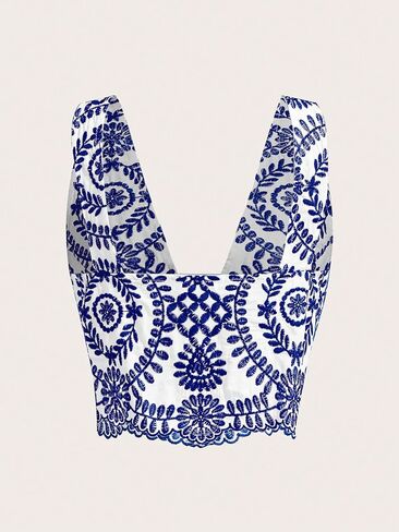 قمصان علوية صيفية بدون أكمام بفتحة رقبة على شكل V عميقة ومطرزة بالزهور للنساء من SOLY HUX Y2K in Kuwait