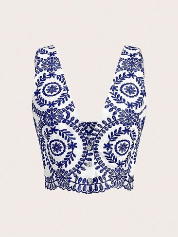 قمصان علوية صيفية بدون أكمام بفتحة رقبة على شكل V عميقة ومطرزة بالزهور للنساء من SOLY HUX Y2K in Kuwait