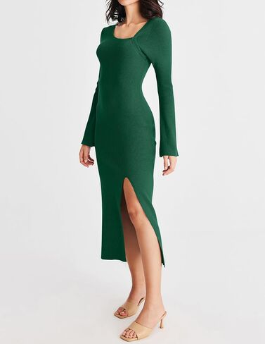 MEROKEETY Women's Bell Sleeve Ribbed Knit Maxi Sweater Dress Side Split Slim Pullover Dress in Saudi Arabia