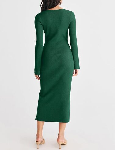 MEROKEETY Women's Bell Sleeve Ribbed Knit Maxi Sweater Dress Side Split Slim Pullover Dress in Saudi Arabia