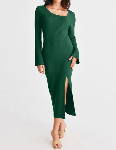 MEROKEETY Women's Bell Sleeve Ribbed Knit Maxi Sweater Dress Side Split Slim Pullover Dress in Saudi Arabia