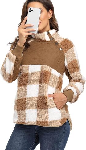 VIISHOW Women's Long Sleeves Quilt Coat Turtleneck Oblique Button Neck Fleece Pullover Coat Sweatshirts Outwear with Pocket in Kuwait