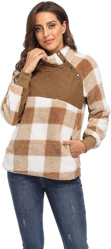 VIISHOW Women's Long Sleeves Quilt Coat Turtleneck Oblique Button Neck Fleece Pullover Coat Sweatshirts Outwear with Pocket in Kuwait