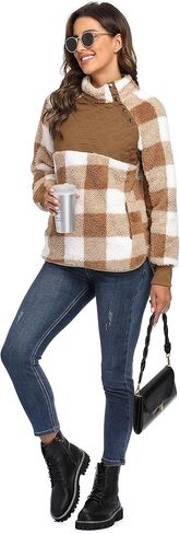 VIISHOW Women's Long Sleeves Quilt Coat Turtleneck Oblique Button Neck Fleece Pullover Coat Sweatshirts Outwear with Pocket in Kuwait