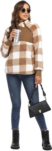 VIISHOW Women's Long Sleeves Quilt Coat Turtleneck Oblique Button Neck Fleece Pullover Coat Sweatshirts Outwear with Pocket in Kuwait