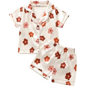 Qiylii 1-6Y Toddler Girls Floral Silk Pajamas Short Sleeve Button-Up Top Shorts Summer 2PC Flowers Satin Pajamas Set