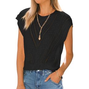 Langwyqu Womens Cap Sleeve Tops Summer Crew Neck Shirt Lightweight Crochet Knit Sweater