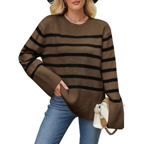 Imily Bela Womens 2024 Oversized Striped Sweater Crew Neck Long Sleeve Color Block Knit Side Slit Pullover Jumper Tops