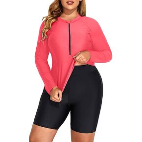 Daci Plus Size Rash Guard for Women - Long Sleeve Swimsuits 2 Piece Bathing Suit Built in Bra Swim Shirt with Shorts