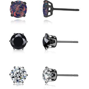3 Pairs Stud Earrings Set, 14k Gold Plated Opal Studs Hypoallergenic Stainless Steel Cubic Zircon Stud Earrings CZ Diamond Earrings for Women Men Girls for Sensitive Ears