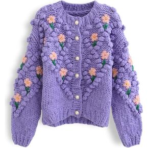CHICWISH Women's Purple/Cream Stitch Floral Diamond Pom-Pom Hand Knit Cardigan