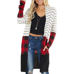 Dressmine Women's Long Sleeve Open Front Cardigan Buffalo Plaid Knitted Maxi Sweater Coat Outwear