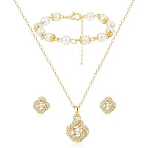 Bridesmaid Jewelry Set For Wedding,1-4-6-8 Sets 18k Gold / Rose Gold / Silver Plated Love Knot Pave Rhinestone With Pearl Necklace Earrings Bracelet Set For Bridesmaid Gift,Wedding Party Prom Costume Accessories Gifts for Women Girls