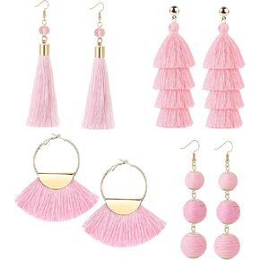LOYALLOOK 4Pairs Tassel Earrings For Women Fan Shape Tassel Earrings Long Thread Tassel Earrings Bohemian Fringe Drop Handmade Earrings in Kuwait