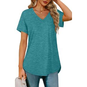 OFEEFAN Womens Tops V Neck Short Sleeve Shirts High Low Hem