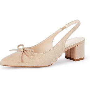 Coutgo Women's Bow Knot Slingback Pumps Pointed Toe Chunky Block Heeled Sandals Party Dress Shoes