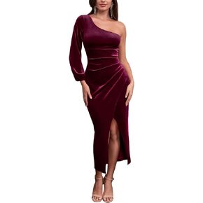 فستان DRESSTELLS نسائي مخملي بكتف واحد، وأكمام طويلة وفتحة ضيقة، فساتين ضيوف حفلات الزفاف 2023 in Kuwait