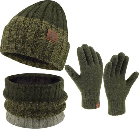Mens Winter Knit Beanie Hat Scarf Touchscreen Gloves Set, Winter Warm Skull Cap Neck Warmer Gloves Set with Fleece Lined in Kuwait