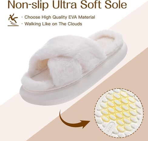 شباشب منزلية منفوشة للسيدات ذات شريط متقاطع، نعل سميك مريح مفتوح عند الأصابع من إسفنج الذاكرة غير قابل للانزلاق للنساء في الأماكن المغلقة والخارجية in Kuwait