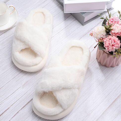 شباشب منزلية منفوشة للسيدات ذات شريط متقاطع، نعل سميك مريح مفتوح عند الأصابع من إسفنج الذاكرة غير قابل للانزلاق للنساء في الأماكن المغلقة والخارجية in Kuwait