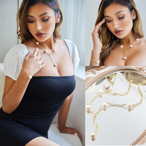 طقم مجوهرات عقد من لؤلؤ المياه العذبة مطلي بالذهب من Xanight للنساء in Kuwait