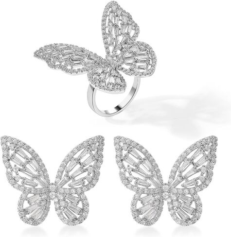 GELVTIC Women's Jewelry Sets Crystal Butterfly Earrings Necklaces for Women Girls Cubic Zirconia White Gold Butterfly Necklace Ring Bangle Bracelet Birthday Anniversary Valentines Mother's Day Jewelry Gifts for Mom Bridesmaid Wife Sister Friend in Kuwait