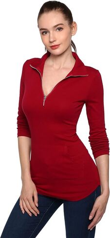 AmélieBoutik Women Quarter Zip Pocket Curve Hem Tunic Top in Kuwait