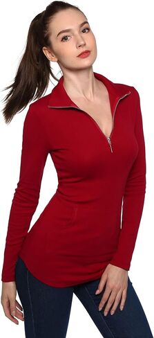 AmélieBoutik Women Quarter Zip Pocket Curve Hem Tunic Top in Kuwait