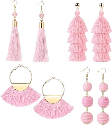 LOYALLOOK 4Pairs Tassel Earrings For Women Fan Shape Tassel Earrings Long Thread Tassel Earrings Bohemian Fringe Drop Handmade Earrings in Kuwait
