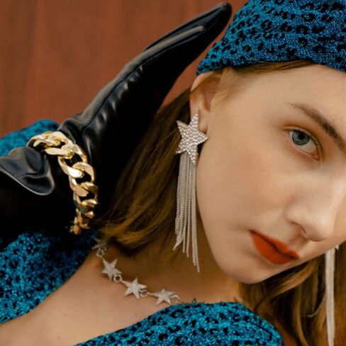 SmileBelle أقراط متدلية من حجر الراين على شكل نجمة فضية لملابس الحفلات الموسيقية، أقراط متدلية ذات أهداب لامعة كإكسسوارات رائعة للنساء والفتيات، أقراط معلقة على شكل شرابة للحفلات الليلية in Kuwait